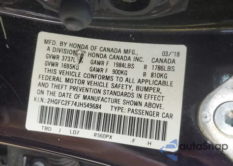 2018 Honda Civic Ex from USA, damaged, VIN 2HGFC2F74JH549684